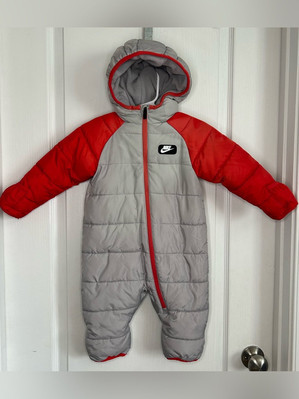 Nike Baby 12M Full Zip Hooded Puffer Snowsuit Fleece Lined Gray Red